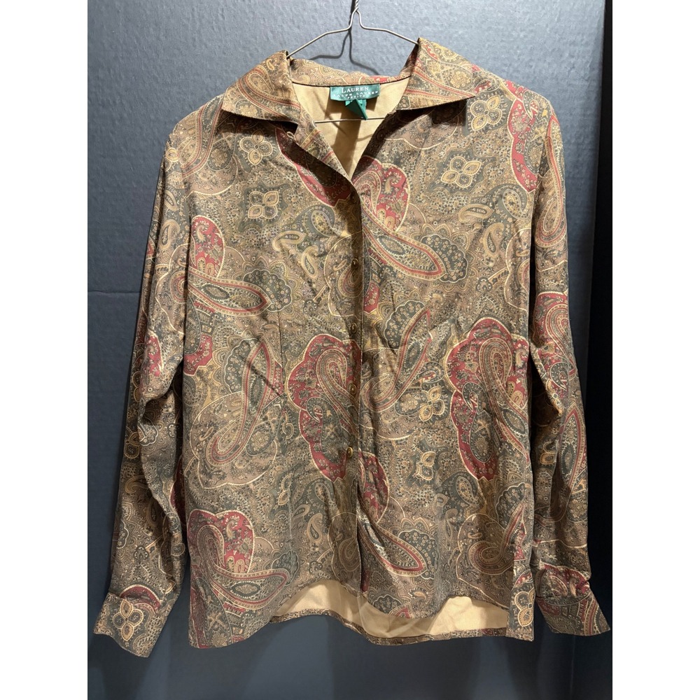 VTG Lauren Ralph Lauren Petite 2P 100% Silk Paisley Long Sleeve Button Up Blouse